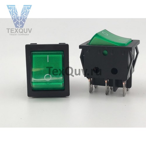 Переключатель клавишный зеленый с подсветкой KCD4 6PIN 16A-250V 21,5х27мм (ON-OFF)