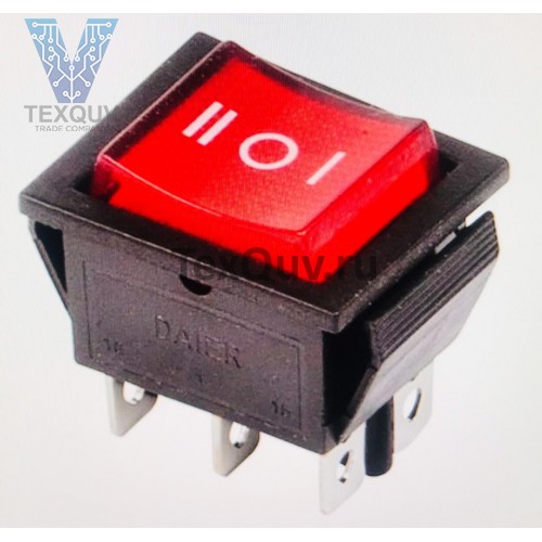 Переключатель клавишный красный с подсветкой KCD4 6PIN 16A-250V 21,5х27мм (ON-OFF-ON)