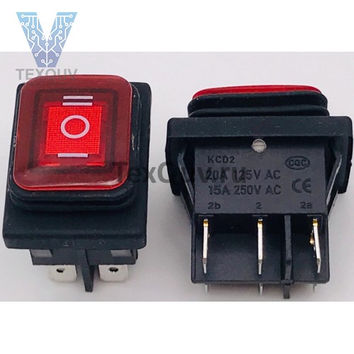 Переключатель клавишный красный с подсветкой KCD2 6PIN 20A-125V 21,5х27мм (ON-OFF-ON) влагозащита