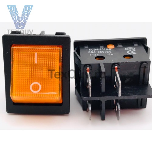 Переключатель клавишный оранжевый с подсветкой KCD4-201N-B 4PIN 30A-250V 21,5х27мм (ON-OFF)