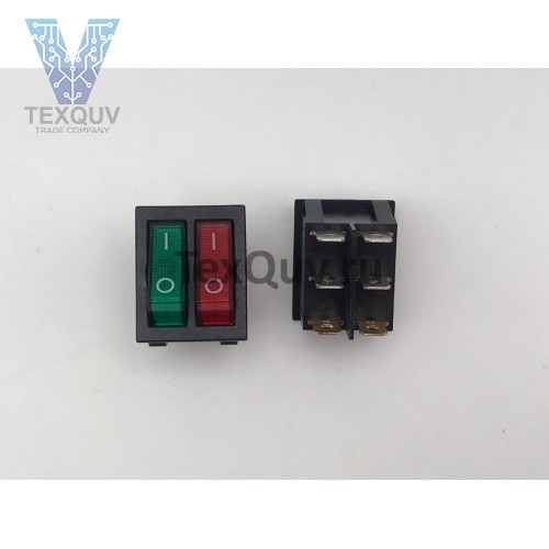 Переключатель клавишный с двойной подсветкой зеленый-красный KCD6 6PIN 20A-250V 21,5х27мм (ON-OFF)