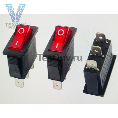 Переключатель клавишный красный с подсветкой 16А-250V 3PIN (ON-OFF) 10,5х27мм
