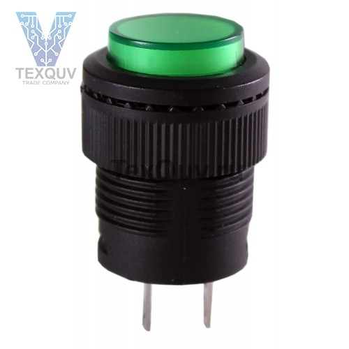 Кнопка R16-503BD-G 2PIN 3A-250V 16мм OFF-(ON) зеленая без фиксации