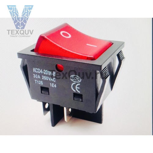Переключатель клавишный красный с подсветкой KCD4-201N-B 4PIN 30A-250V 21,5х27мм (ON-OFF)