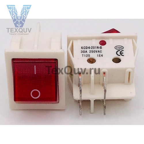 Переключатель клавишный красный с подсветкой KCD4-201N-B 4PIN 30A-250V 21,5х27мм (ON-OFF) (белый корпус)
