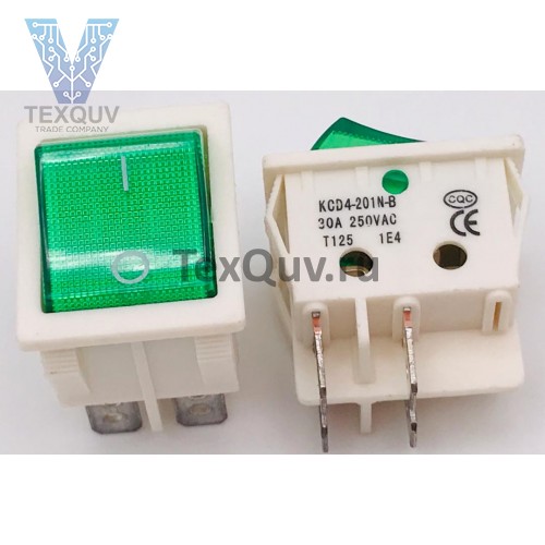 Переключатель клавишный зеленый с подсветкой KCD4-201N-B 4PIN 30A-250V 21,5х27мм (ON-OFF) (белый корпус)