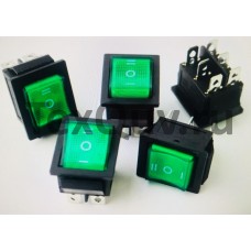 Переключатель клавишный зеленый с подсветкой KCD4 6PIN 16A-250V 21,5х27мм (ON-OFF-ON)