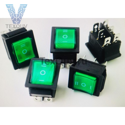 Переключатель клавишный зеленый с подсветкой KCD4 6PIN 16A-250V 21,5х27мм (ON-OFF-ON)