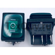 Переключатель клавишный зеленый с подсветкой KCD2 6PIN 20A-125V 21,5х27мм (ON-OFF-ON) влагозащита