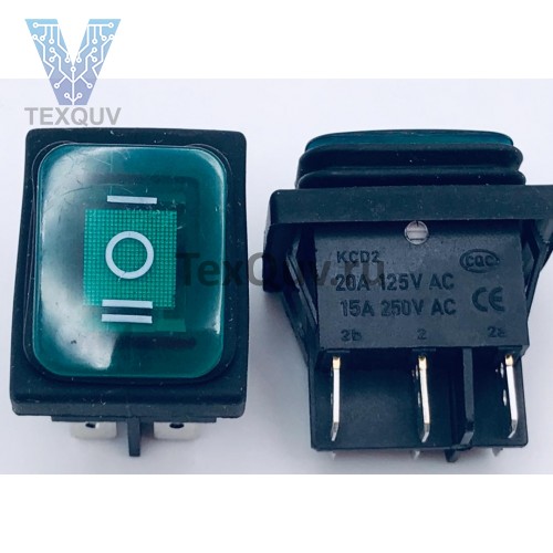 Переключатель клавишный зеленый с подсветкой KCD2 6PIN 20A-125V 21,5х27мм (ON-OFF-ON) влагозащита