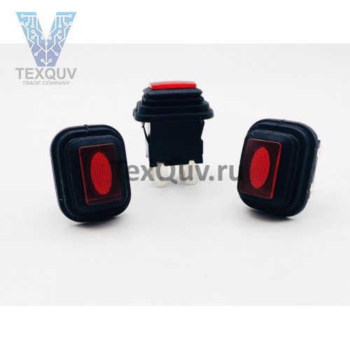 Переключатель кнопочный красный с подсветкой влагозащита 16А-250V 4PIN 13х20мм