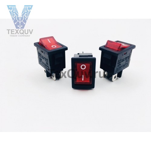 Переключатель клавишный красный с подсветкой 6А-250V 4PIN (ON-OFF) 13х18,5мм