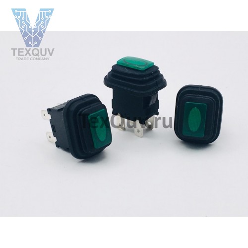 Переключатель кнопочный зеленый с подсветкой влагозащита 16А-250V 4PIN 13х20мм