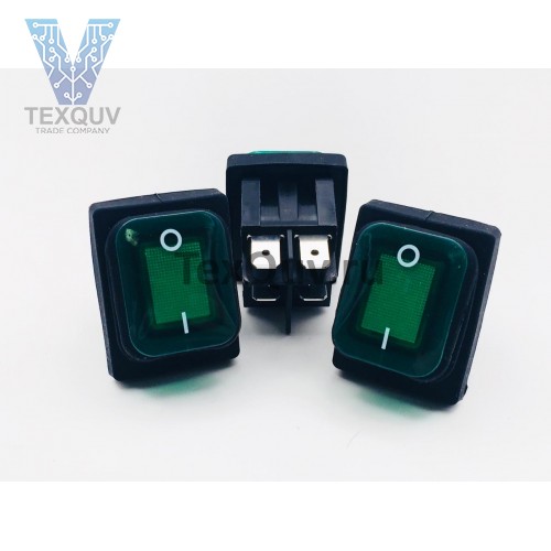 Переключатель клавишный зеленый с подсветкой влагозащита 16(8)А-250V 4PIN (ON-OFF) 21,5х27мм